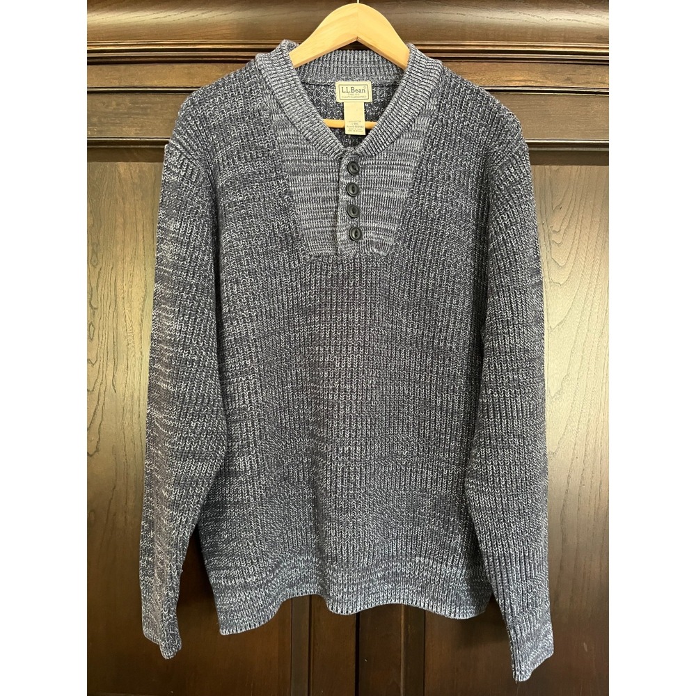 LL Bean Chunky Knit Henley Fishermans Sweater Mens Size L Marled Blue Cabincore